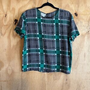 Vintage 70s Jones New York 100% Silk Green Plaid Short Sleeve Blouse Size 10